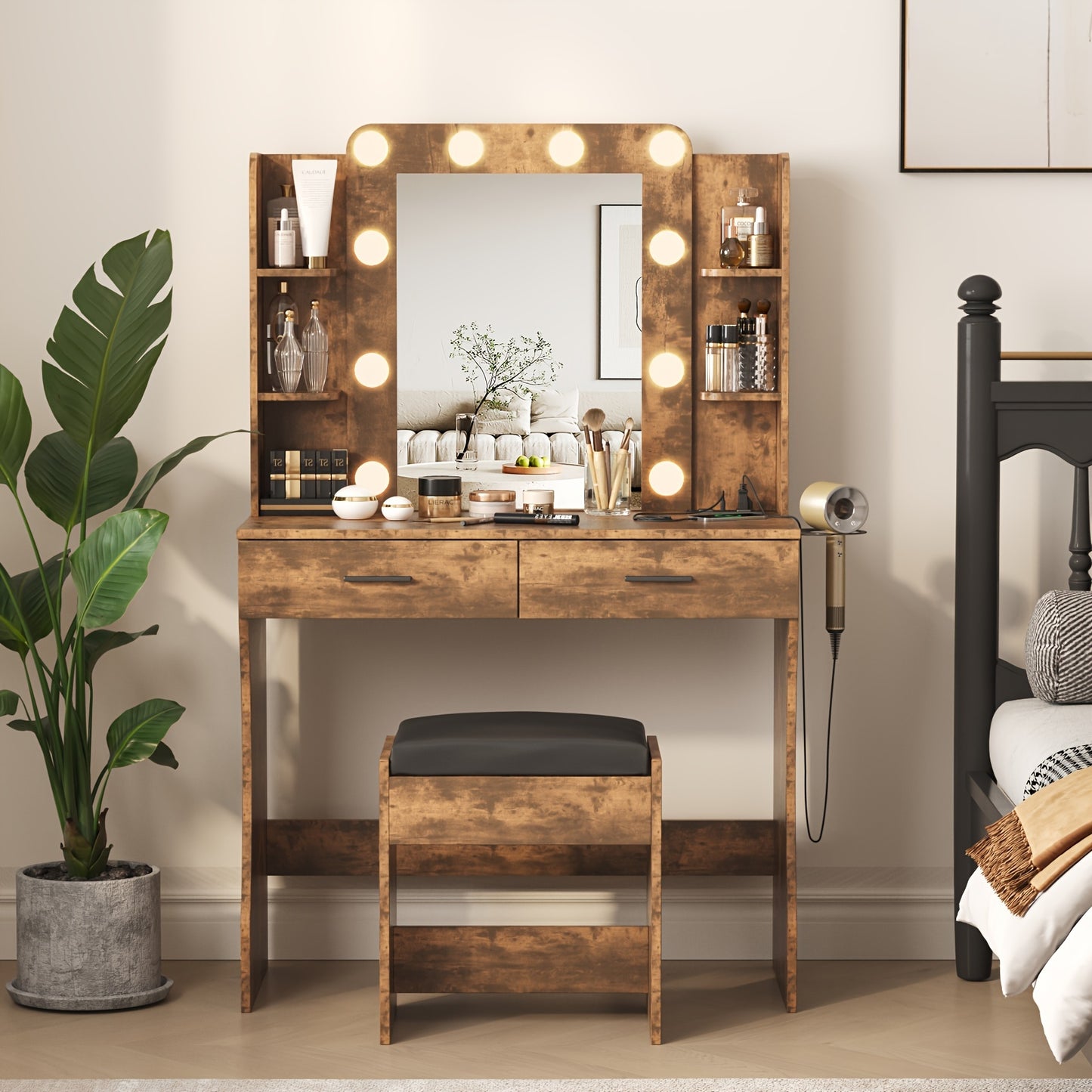[LED Vanity Desk] Vanity Desk With LED Lighted Mirror & 10+ Strip, 6-Drawer Makeup Dressing Table With Stool Suitable For Bedroom,, Plug-And-Play Assembly, Modern For Room, Dorm, Beauty Salon