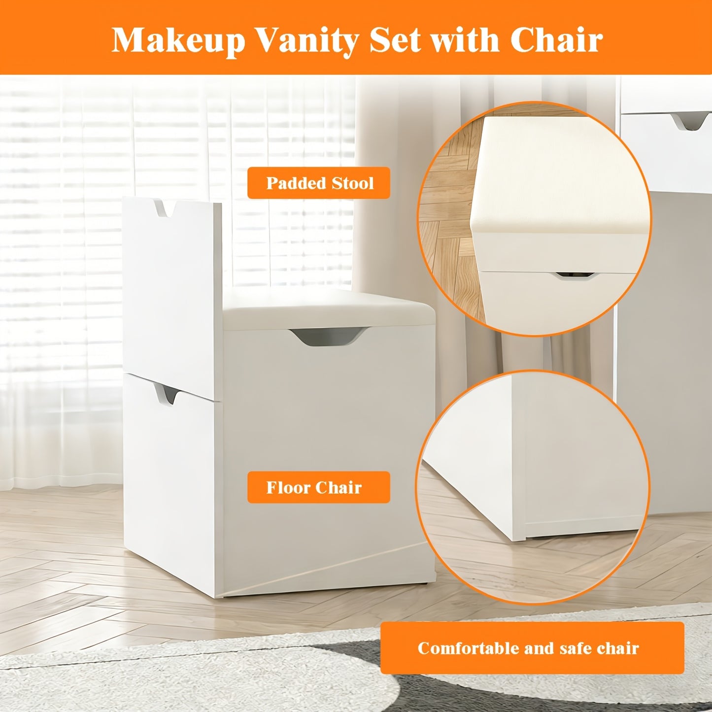 [3-In-1 Vanity Desk] 3-In-1 Vanity Desk with Flip Top Mirror, Small Makeup Vanity Set with Visible Glass Desktop, Compact Dressing Table with Drawers, 3-Color Lighting, Hidden Stool for Bedroom Space-Saving, White