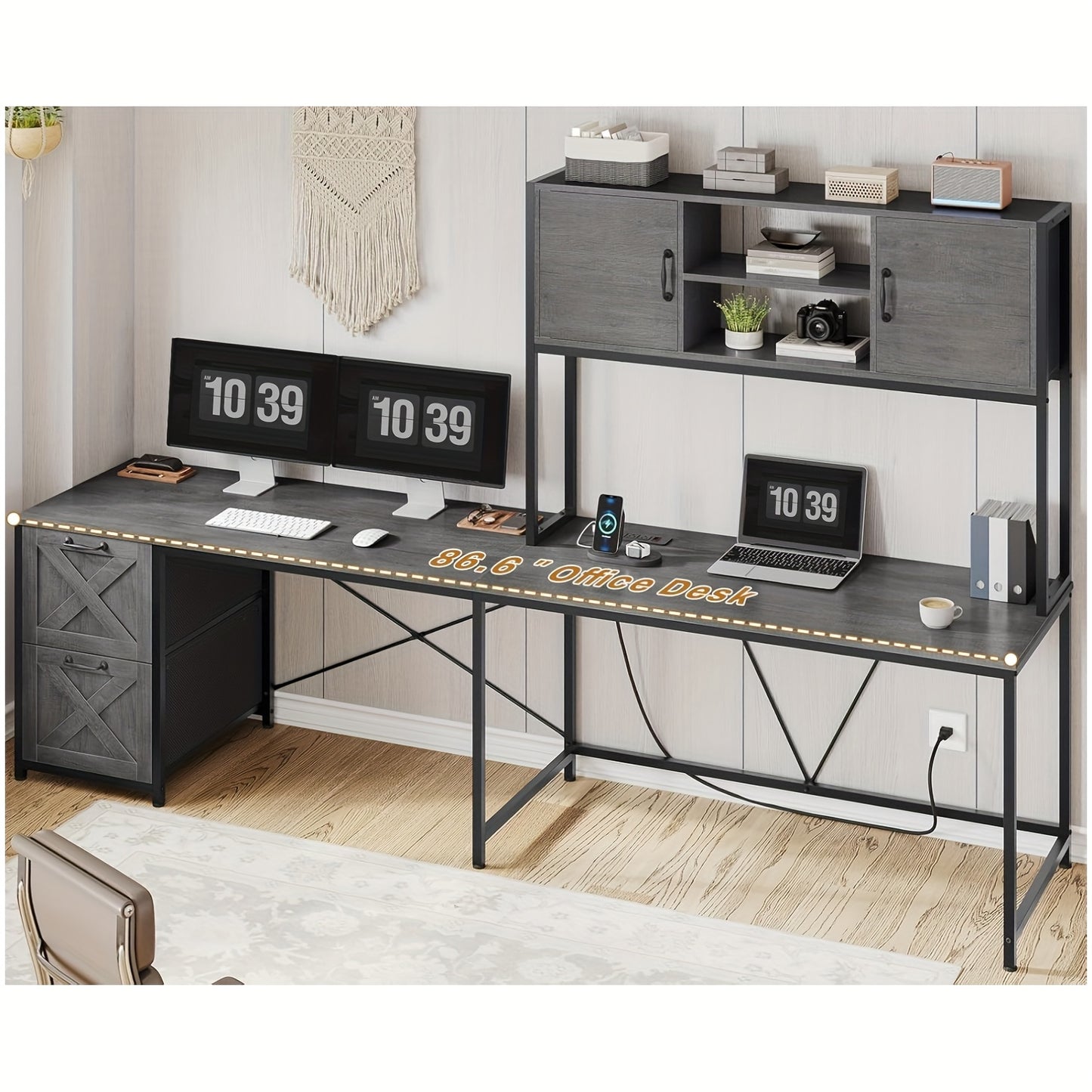 L-shaped Desk with Drawers, 62.2-inch Home Office Desk Featuring Fabric File Drawers and Power Outlets, L-shaped Desk with Storage Cabinet, Storage Shelf, LED Light
