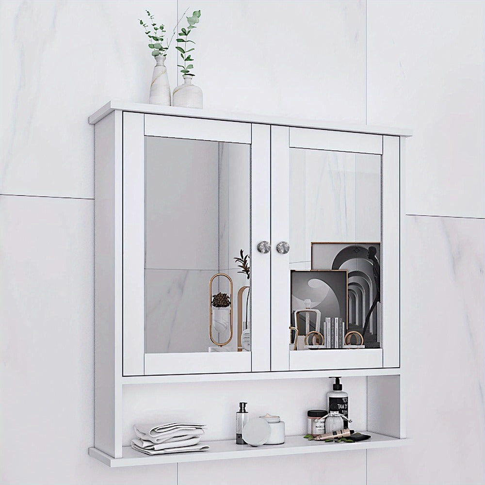 Modern White Metal Wall-Mounted Bathroom Storage Cabinet with 2 Mirror Doors & Adjustable Shelves - Space-Saving Medicine Organizer for Kitchen, Laundry Room, Hotels - Easy Assembly, No Electrical Needed, Narrow Bathroom Storage Cabinet, Contemporary Desi
