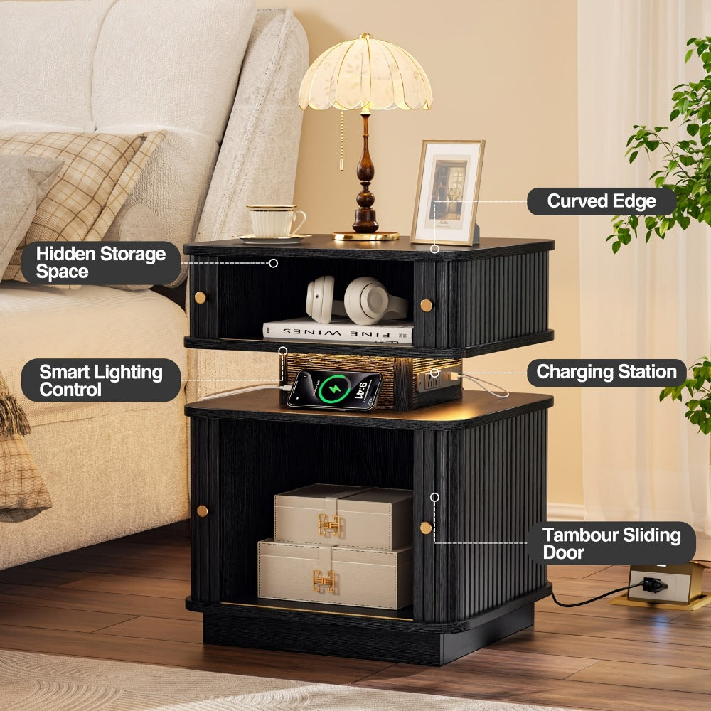 Nightstand with Charging Station and LED Light Strip, 2 Drawers Sliding Door Bedside Table with USB-A & USB-C Ports, Fluted Panel Design, Set of 1 or 2, Black & White