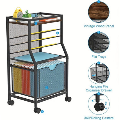 Rolling File Cart with Drawer for Hanging File Folders – Under Desk Office Cart with Paper Trays, Wood & Mesh 3-in-1 File Organizer, 14.8"L x 11.8"D x 27.7"H