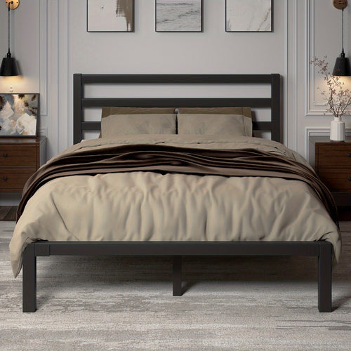 Metal Platform Bed Frame with Slatted Headboard – Under Bed Storage, No Box Spring Needed, Sturdy Metal Slats, Black White, Twin Full Queen King