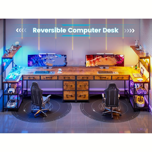 L Shaped Office Desk with LED Lights, 47.2" Reversible Small Computer Desk with 5 Drawers and Storage Shelves, Home Office Corner Desk