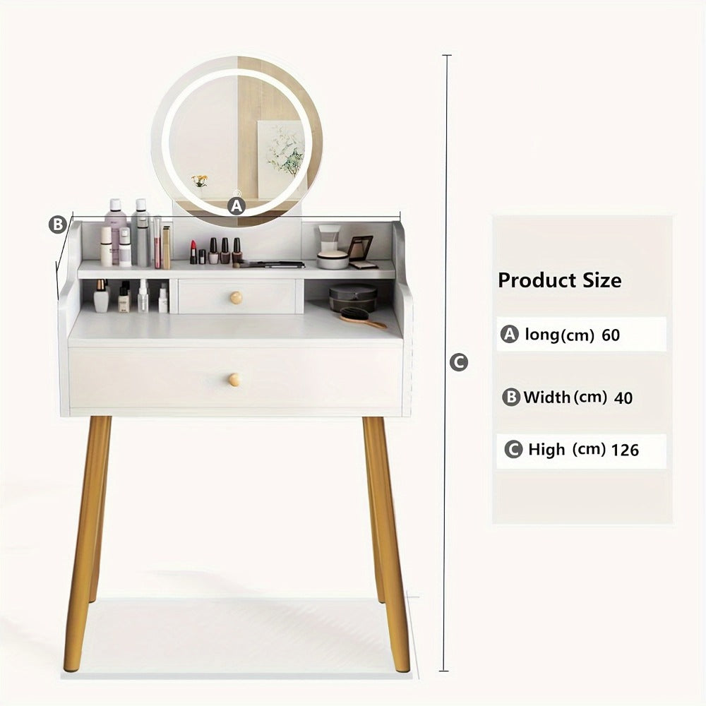 Vanity Desk with Mirror and Lights, Brightness Adjustable Makeup Table with Drawer, Bedroom Dressing Table for Small Space, White