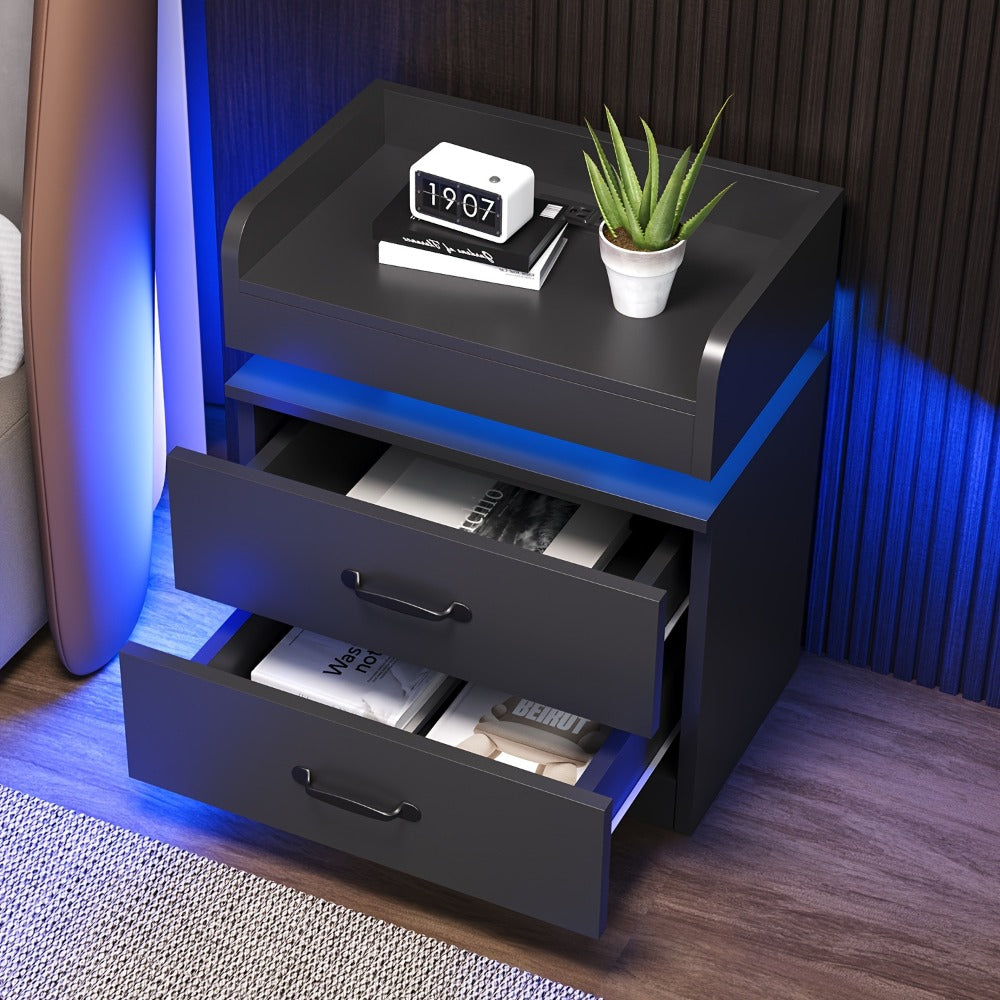 Black Nightstand with Charging Station, Night Stand with LED Lights, Modern LED End Table Nightstand for Bedroom, Bedside Table with 2 Drawers, Bed Side Table with Storage for Living Room