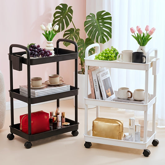 3/4/5-Tier Plastic Rolling Utility Cart with Handle, Multifunctional Storage Organizer with Plastic Shelf, Storage Cart for Kitchen, Bathroom, Living Room, Office, White