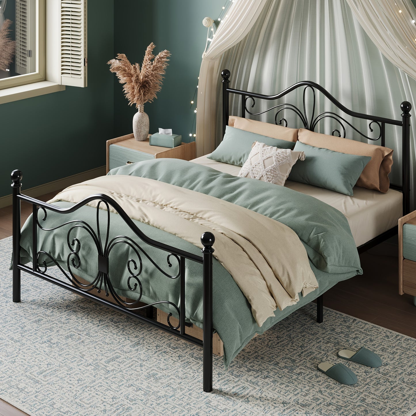 HOOMIC Platform Bed Frame, Metal Bed Frame Featuring a Butterfly Pattern on The Headboard And Footboard, No Box Spring Required, Easy to Assemble