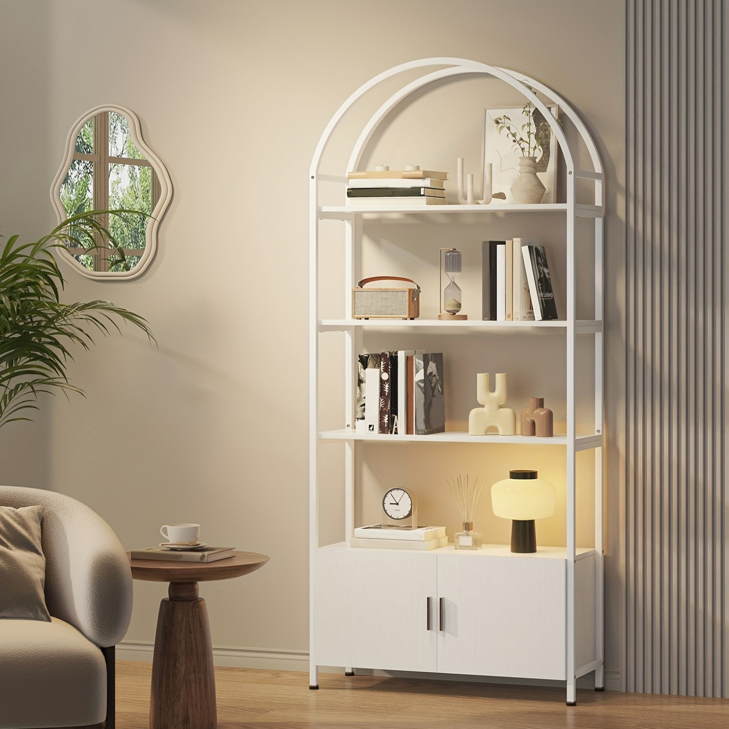 71" Industrial Arched Bookshelf with Doors - Sturdy Metal Frame, Freestanding Display Shelving Unit for Home & Outdoor Leisure