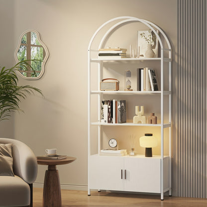 71" Industrial Arched Bookshelf with Doors - Sturdy Metal Frame, Freestanding Display Shelving Unit for Home & Outdoor Leisure