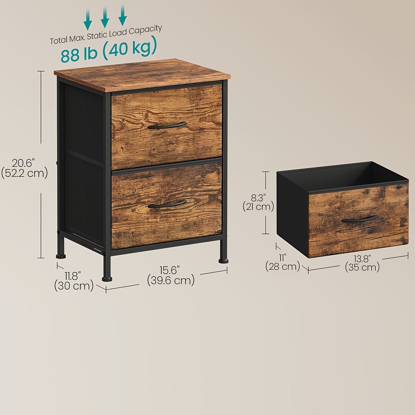 2 Drawer Dresser for Bedroom, Fabric Storage Chest Nightstand, Sturdy Steel Frame MDF Top, Non-Woven Drawer Organizer Unit for Closet Entryway