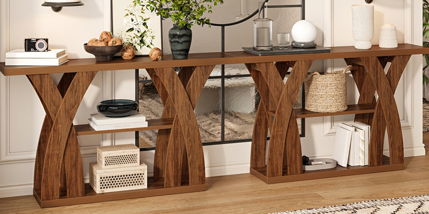 55 Inch Rustic Console Table X-Shaped Legs 2-Tier Shelf – Wooden Sofa Table for Living Room Entryway Hallway & Behind Couch, Light Brown & Tiger Brown
