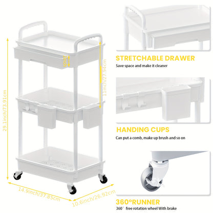 Rolling Utility Cart with Drawer - 360° Swivel Wheels, Plastic Shelves & Metal Frame, Multifunctional Storage Organizer for Bathroom, Kitchen, Office, Lab, Living Room - No Power Needed, Rolling Storage Cart, Home Organization, Compact Design, Durable Con