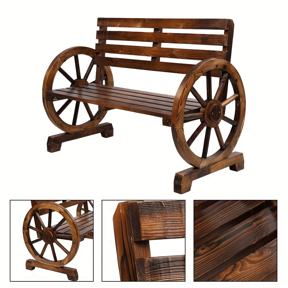 2-Person Outdoor Wooden Wagon Wheel Bench with Slatted Seat And Backrest Brown Suitable for Patio Outdoor, Garden, Poolside, Family Gathering, Outdoor Camping, Perfect Christmas Gift Men's Gift