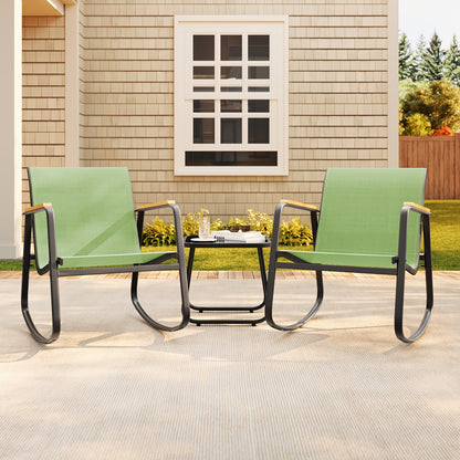 Asofer 3pcs Patio Rocking Chair Set With Glass Table, Outdoor Rockers With Breathable Teslin Mesh, Rust-Resistant Steel Frame, Ergonomic Backrest & Armrests For Garden Porch Backyard