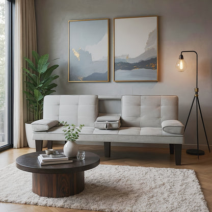 65 Inch Modern Foldable Sofa Bed, Adjustable Lounge Chair with Detachable Armrests And Two Cup Holders for Double Occupancy in The Living Room, Convertible Into a Bed
