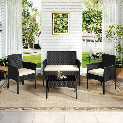 Costoffs Patio Furniture Set 4 Pieces Conversation Sets, Rattan Chair Wicker Set Loveseat with Soft Cushion and Glass Table Halloween Patio Furniture for Backyard Porch Garden Poolside Balcony