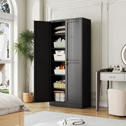 Metal Storage Pantry Cabinet 75" with Two Doors | Tall Freestanding Kitchen Storage Cabinet for Pantry, Garage, Laundry Room & Office | Adjustable Shelves | White, Black or Green