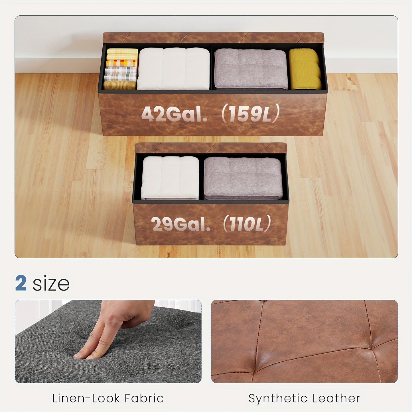 Sturdy & Spacious Storage Ottoman: 660lb Weight Capacity, 2 Sizes, PVC Leather Easy - Clean, Black, Brown