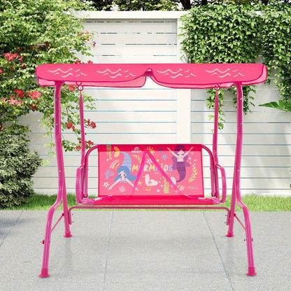 COSTWASY Kids Patio Swing, 2-Seater Swing Chair w/ Metal Stand & Adjustable Canopy, Outdoor Mini Swing w/ Safety Belts for Kids over 3, Porch Seating Solution, Adjustable Canopy Swing, Adjustable Canopy Design, Sturdy Metal Stand, Robust Swing Mechanism,
