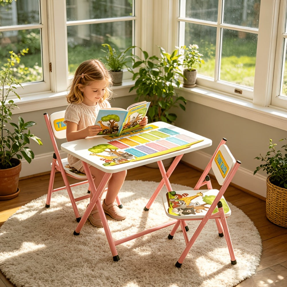 Foldable Kids Table & Chair Set with Cute Pattern, Sturdy Metal Frame Children's Desk for Writing, Drawing & Playtime