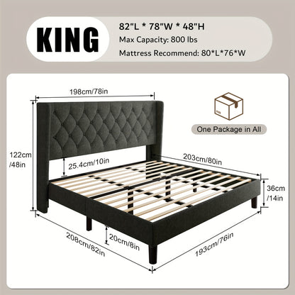 Modern Platform Bed Frame with 24-Inch Button-Tufted Headboard – Solid Wood Slats, Artistic Legs, Linen & Velvet, Dark Gray Light Grey Beige White Black, Full Queen King