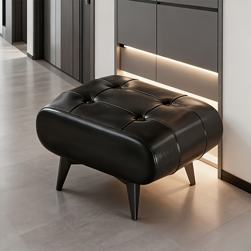 Memory Foam Footstool Square Ottoman Cushioned Shoe Changing Stool – Modern Low Stool for Living Room Hallway Entryway, Multifunctional Home Decor Stool, Black