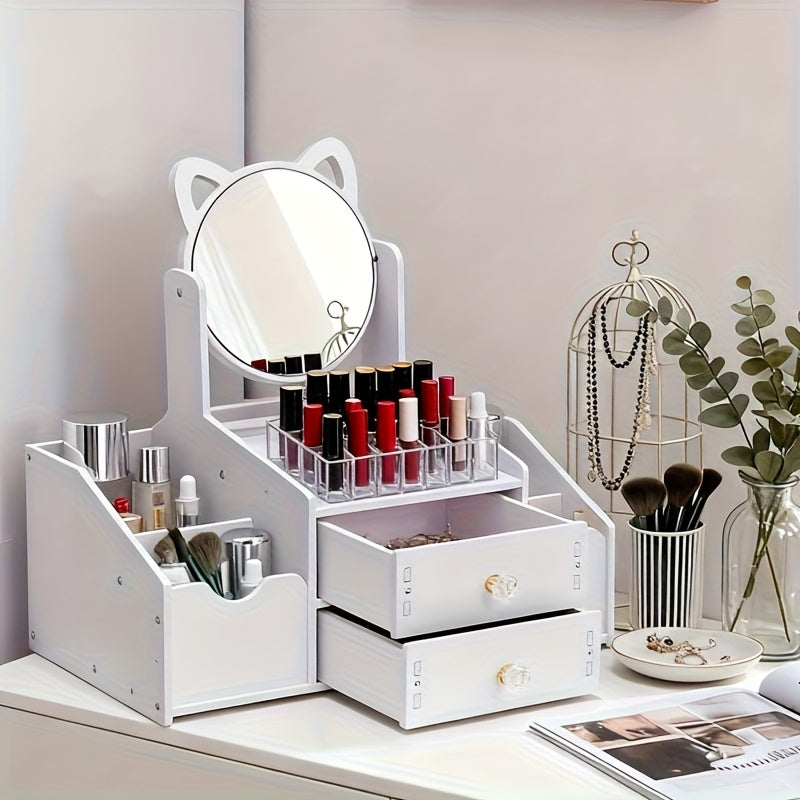 A Stylish White Dressing Table with a Rotating Makeup Mirror, Featuring Drawers And Shelves for Elegant Storage of Cosmetics, Perfect for The Bathroom, Living Room, Or Bedroom, Making It an Ideal Holiday Gift
