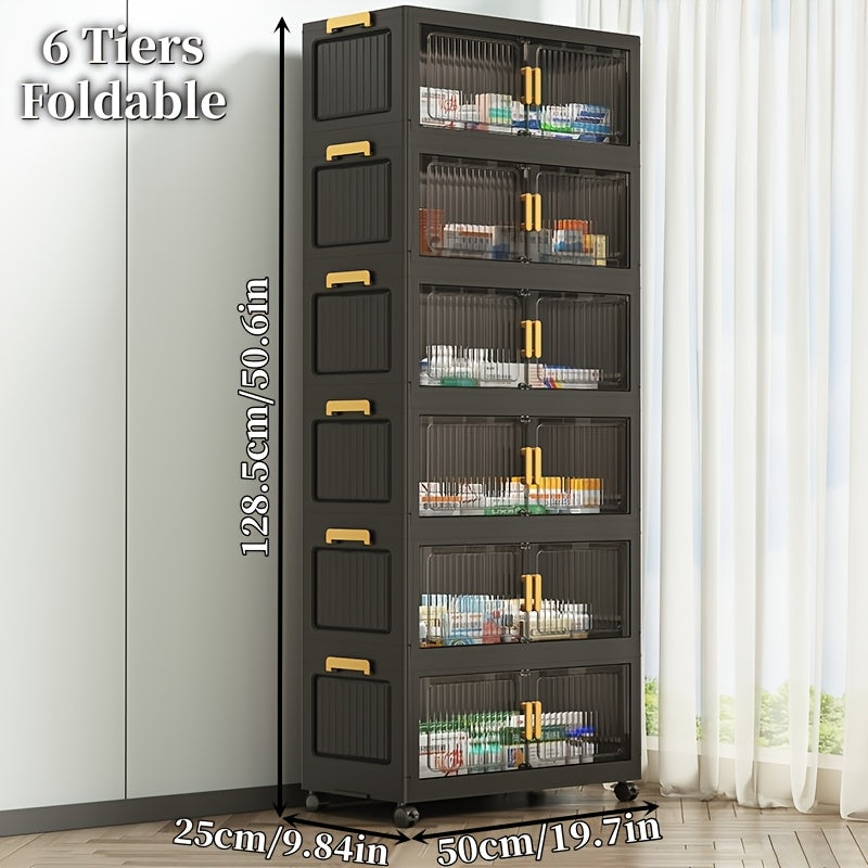 Stackable Medicine Cabinet 3-6 Tier Vertical Storage Cabinet with Lid & Casters, Portable Foldable Bathroom Storage Tower, Large-Capacity Organizer for Bathroom, Living Room & Small Spaces
