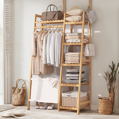 A multi capacity storage rack with brown and brown options, equipped with 5 side storage racks. A hat rack with shelves and bags is suitable for home storage, and a side hat hook is suitable for bedroom and hat room storage Specifications: with bag or wit