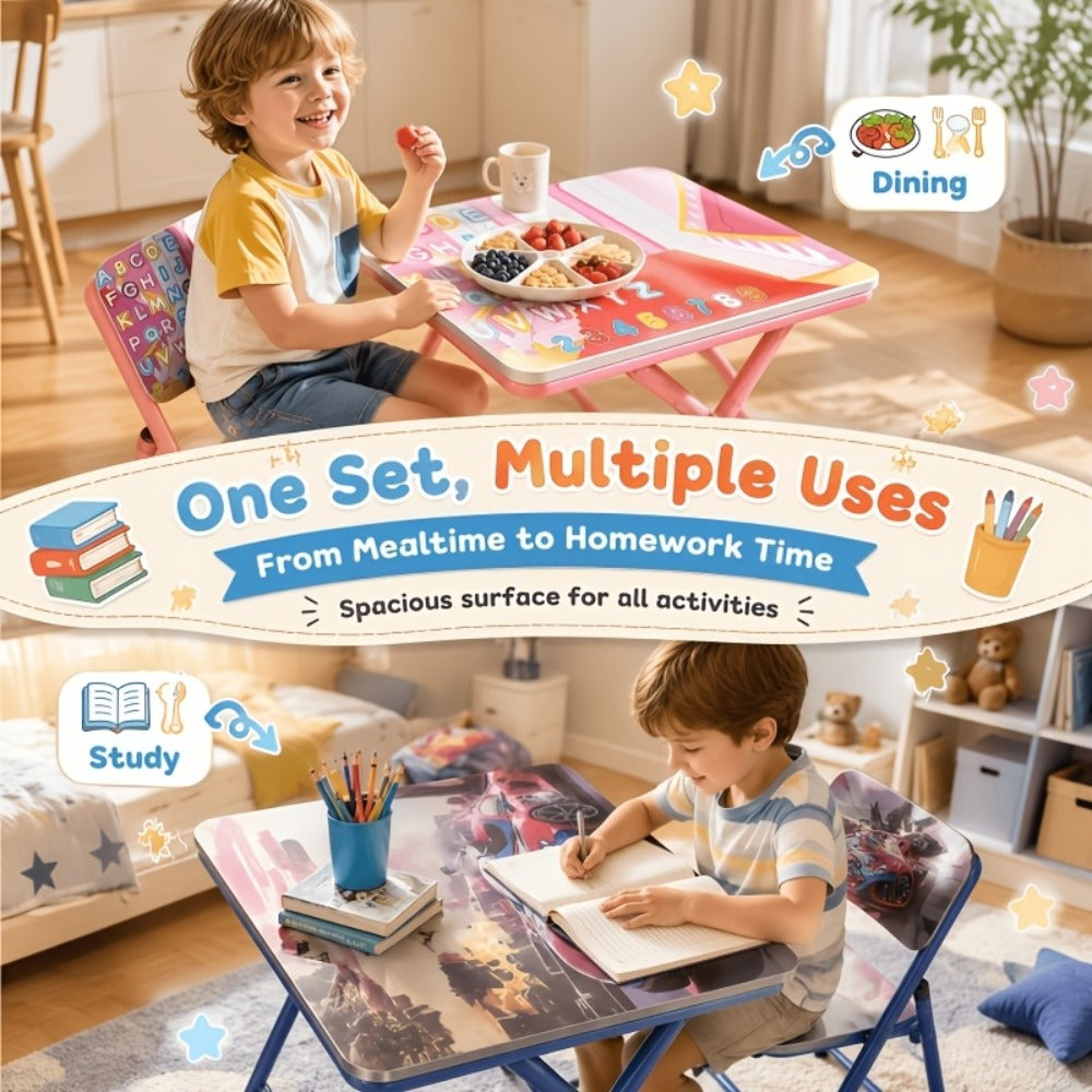 Foldable Kids Table & Chair Set with Cute Pattern, Sturdy Metal Frame Children's Desk for Writing, Drawing & Playtime