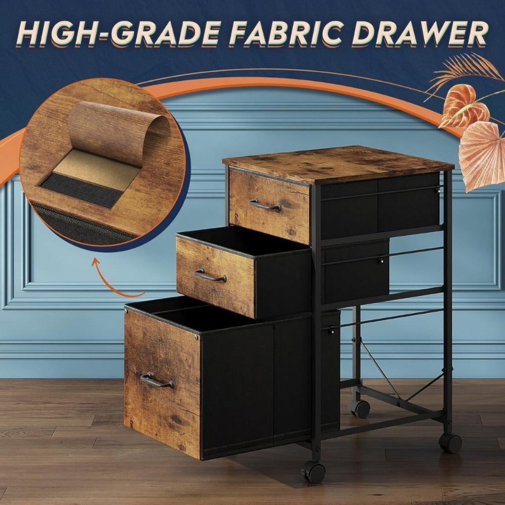 Mobile File Cabinet with 3 Drawers – Rolling Printer Stand, Fabric Vertical Filing Cabinet for A4 & Letter Size, Vintage Espresso Style Home Office Storage