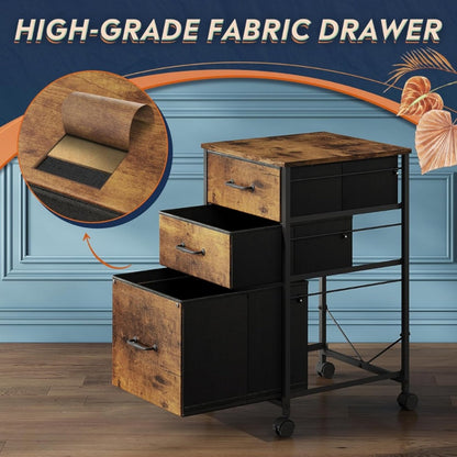 Mobile File Cabinet with 3 Drawers – Rolling Printer Stand, Fabric Vertical Filing Cabinet for A4 & Letter Size, Vintage Espresso Style Home Office Storage