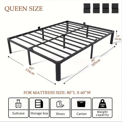 14 Inch Black Metal Bed Frame, King/Queen/Full/Twin Upgraded Rounded Fan-shaped Legs, 4 Mattress Limiters, 3500LBS Heavy-duty Steel Bars, No Need for Springs, No Noise, Reinforced Large Storage Space Below, Not Including Headboard, Easy to Assemble