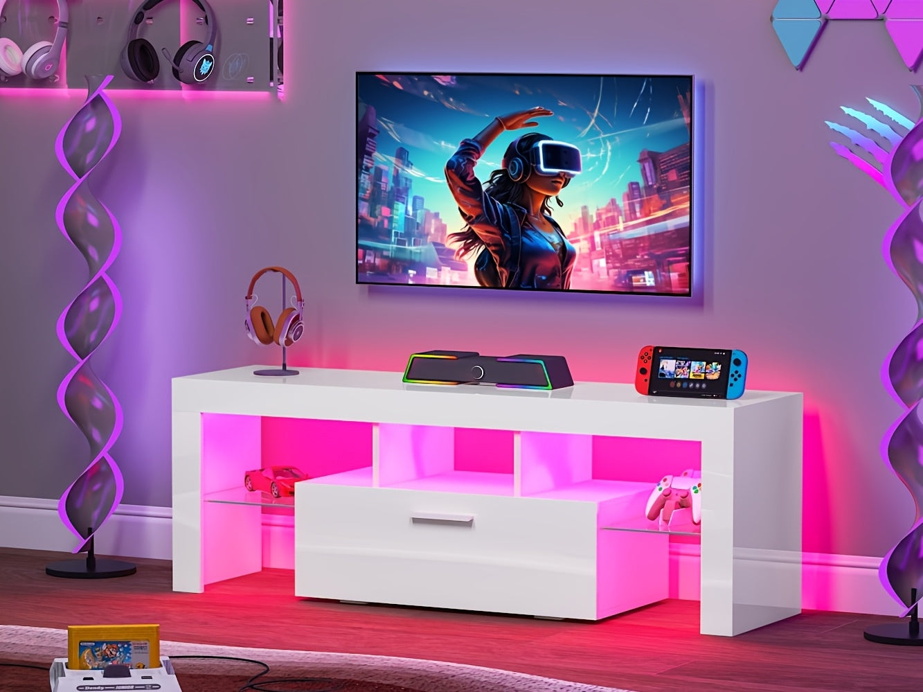 71" High Gloss White TV Stand with LED Lights for 55/65/75/80 Inch TVs, Gaming Entertainment Center with Cabinet for PS5, Modern Media Console Table with Glass Shelves for Living Room, Game Room, Bedroom