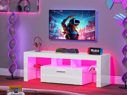 71" High Gloss White TV Stand with LED Lights for 55/65/75/80 Inch TVs, Gaming Entertainment Center with Cabinet for PS5, Modern Media Console Table with Glass Shelves for Living Room, Game Room, Bedroom
