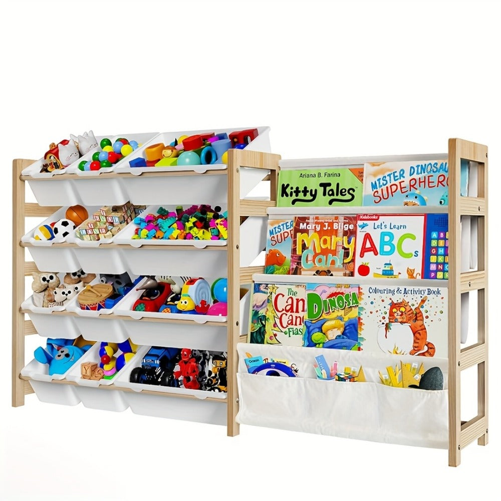 2in 1 Kids Bookshelf And Child Storage Organizer with 12 Bins And 4 Tier Book Shelf for Playroom, Classroom, Nursery Room, Bedroom, Kindergarten, School, Perfect Gift for Christmas, Halloween, Thanksgiving, Easy to Installation, Space Saving