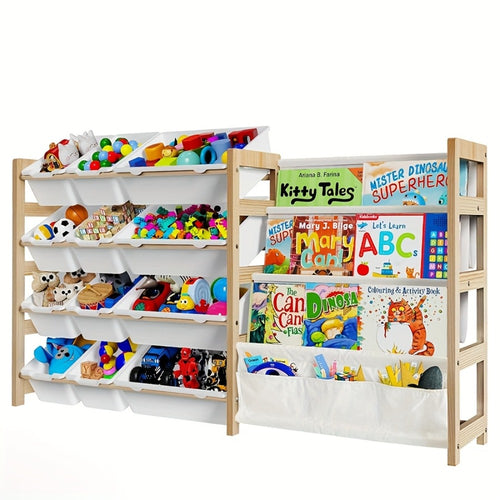2in 1 Kids Bookshelf And Child Storage Organizer with 12 Bins And 4 Tier Book Shelf for Playroom, Classroom, Nursery Room, Bedroom, Kindergarten, School, Perfect Gift for Christmas, Halloween, Thanksgiving, Easy to Installation, Space Saving