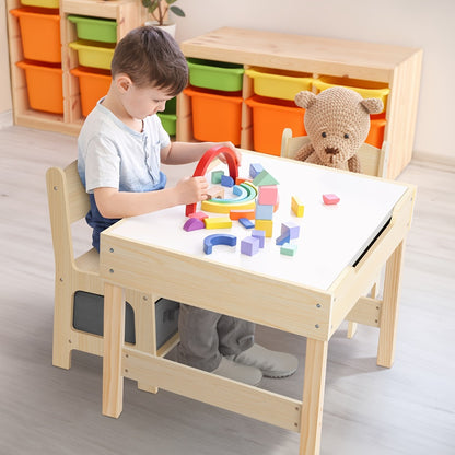 Wood Table And Chair Set, 3-In-1 Kids' Table And Chair Set with Double-Sided Desktop And Toy Storage, Ideal Choice for Room, Nursery, Playroom, And Daycare Center