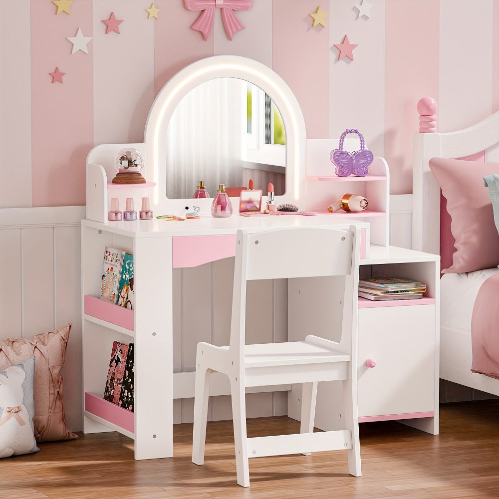 Girls' 2-in-1 Princess Vanity Set with Lighted Mirror (Cool/Warm) - Makeup Desk & Chair with Storage Cabinet, Bookshelf & Shelves, MDF Beauty Table for Toddler Girls Room, Easy Assembly Required - Ideal Kids Furniture Gift for Birth