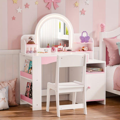 Girls' 2-in-1 Princess Vanity Set with Lighted Mirror (Cool/Warm) - Makeup Desk & Chair with Storage Cabinet, Bookshelf & Shelves, MDF Beauty Table for Toddler Girls Room, Easy Assembly Required - Ideal Kids Furniture Gift for Birth