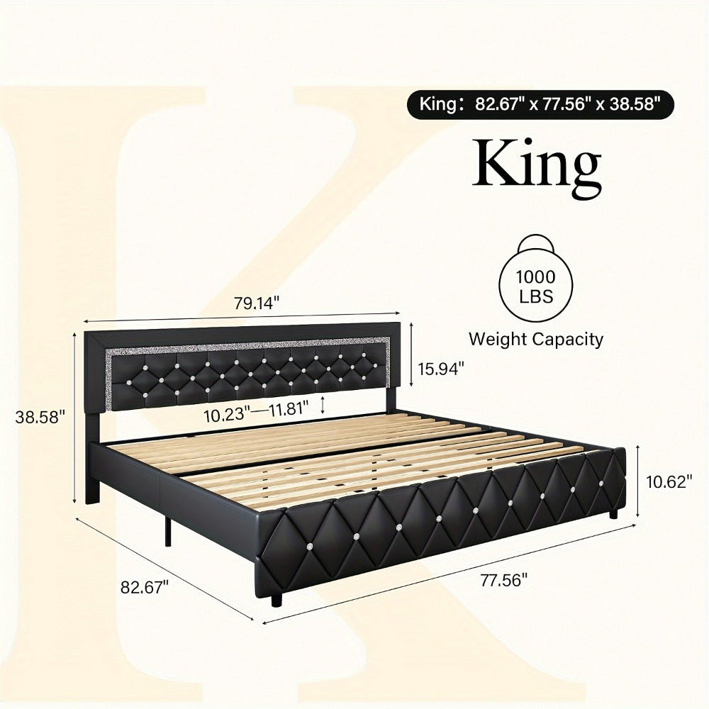 Upholstered Bed Frame with Diamond Tufted Headboard, Faux Leather Headboard and Footboard, Wooden Slat Support, No Box Spring Needed, Easy Assembly, Twin Full Queen King, Black
