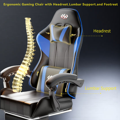 Ergonomic Gaming Chair with Spring Cushion, Retractable Footrest, Headrest & Lumbar Support, PU Leather Swivel Computer Desk Chair for Office & Gaming
