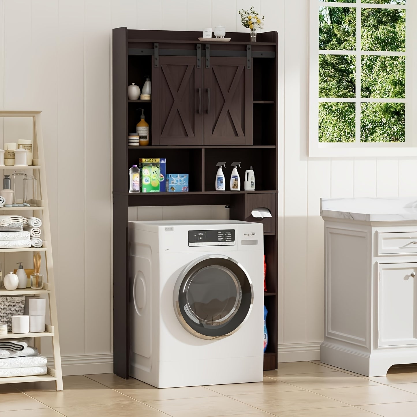 Over-The-Toilet Storage Cabinet with Toilet Paper Holder Stand - Space-Saving -Standing Bathroom Shelf, /Plywood Suitable for Bathroom, Restroom, Laundry Room, Modern with Assembly (No Wall-Mount)