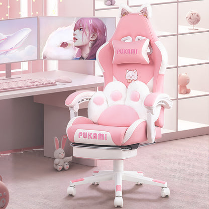 Gaming Chair with Cat Ears And Cat Paw Cushion Pillow, Cute Computer Chair for Girl with Footrest, Ergonomic Gamer Chair, Kawaii Gaming Chair, Reclining Game
