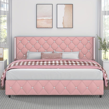 Diamond Tufted Bed Frame with Wingback Headboard & Silvery Side Wings – Upholstered, No Box Spring, Twin Full Queen King, 6 Colors