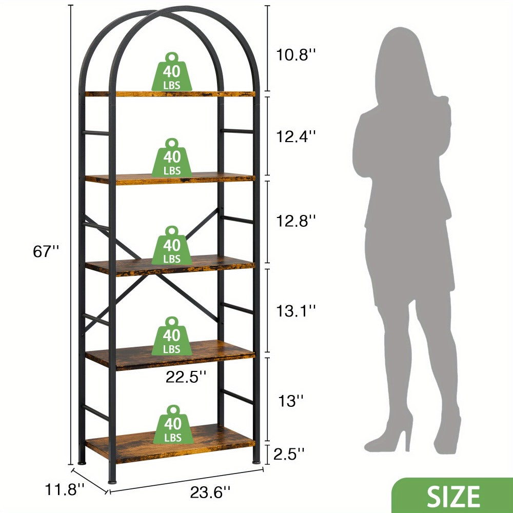 5-Tier Arched Bookshelf with Metal Frame – Tall Farmhouse Display Shelf for Bedroom, Living Room & Home Office, Grey Industrial Book Shelf Storage Rack