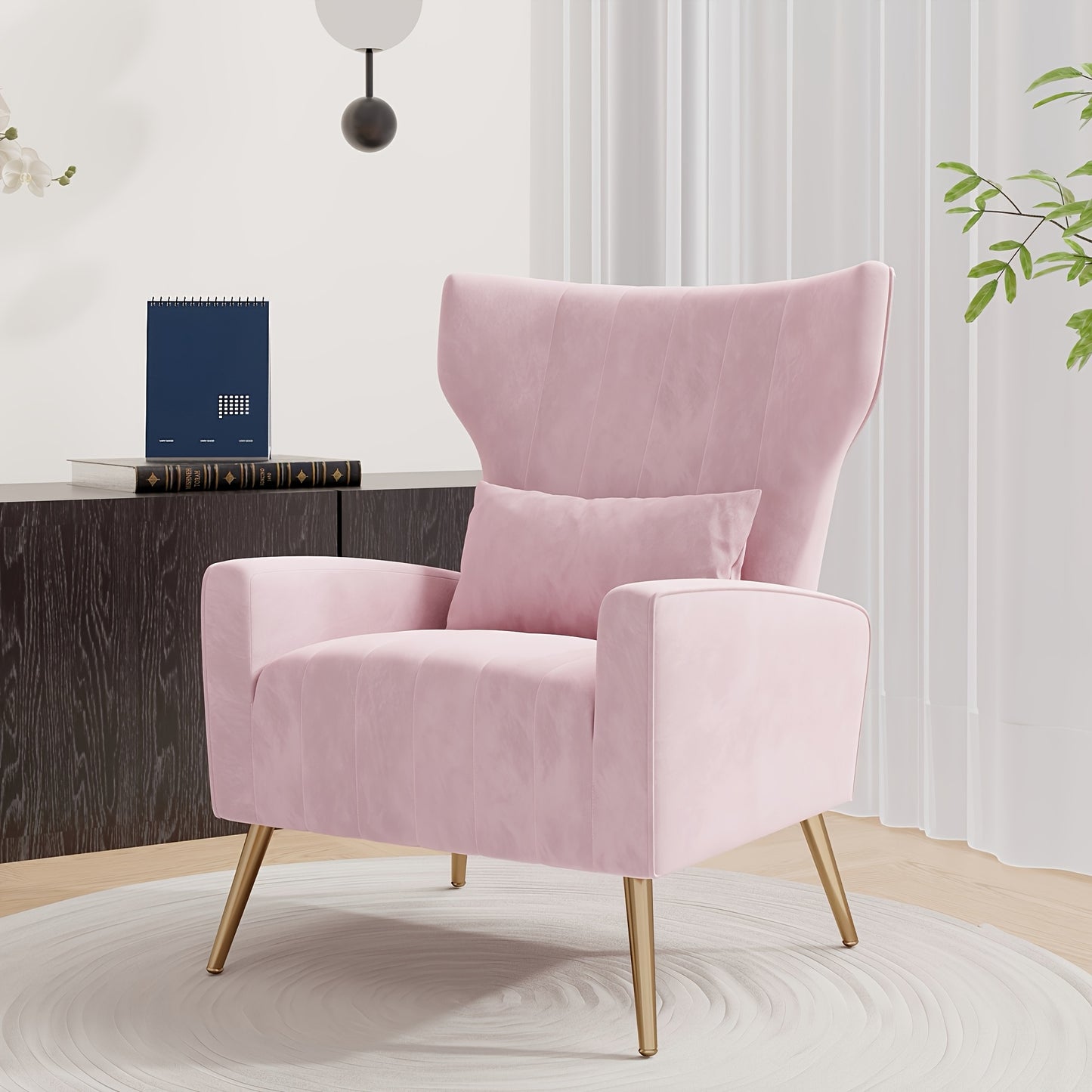 Velvet Accent Chair Wingback for Living Room, High Back Arm Chair with Golden Legs Lumbar Pillow, Upholstered Single Sofa Bedroom, Local Warehouse.