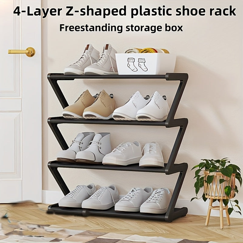Four-Layer Z-Shaped Shoe Rack, Independent Storage Box, Unique Z-Shaped Structure, Low-Key Textured Black Fabric Decoration, Stackable Design, Suitable for Living Room, Bedroom, Entrance And Other Places