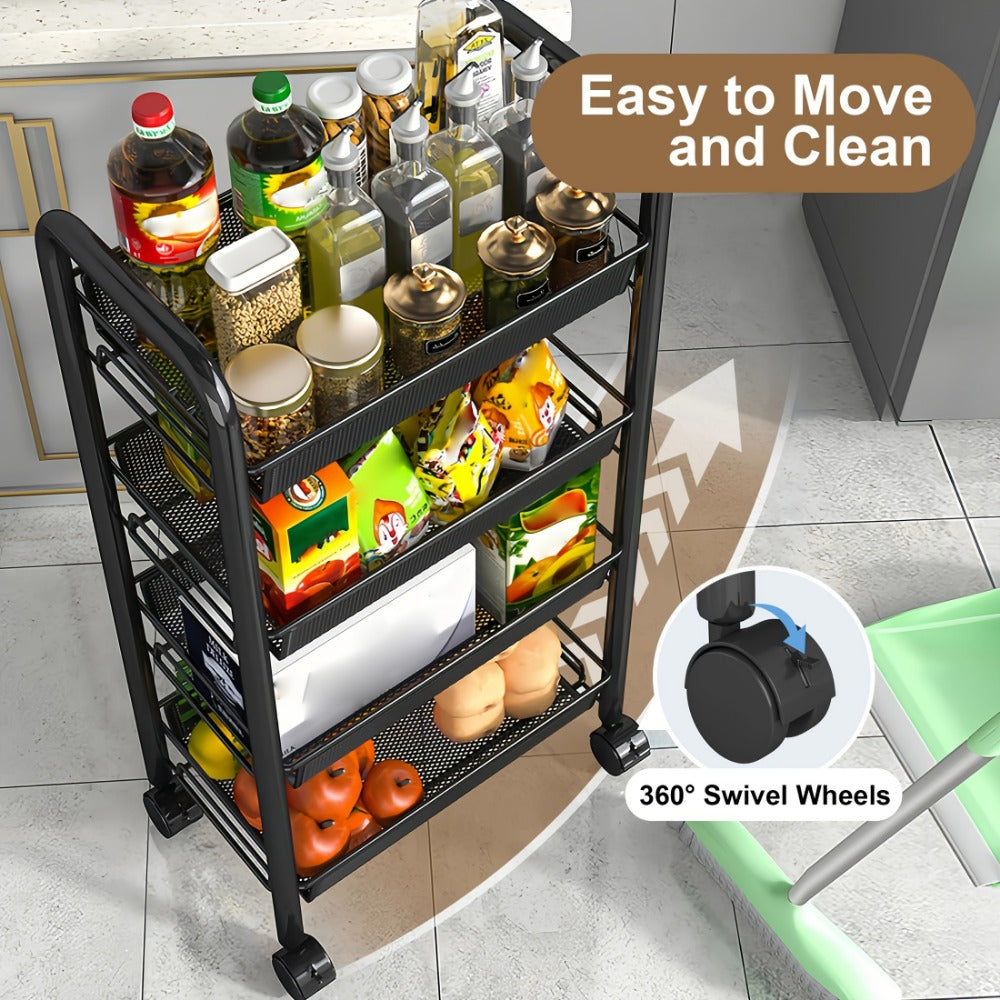 3/4/5-Tier Metal Rolling Storage Cart with Hooks & Mesh Baskets – 360° Swivel Wheels Kitchen Trolley for Narrow Gaps, Bathroom, Office & Garage